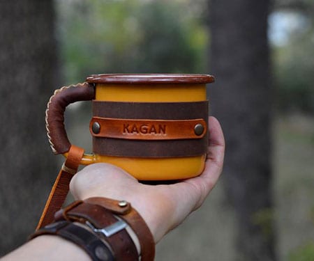 Personalized Leather & Enamel Camping Mugs